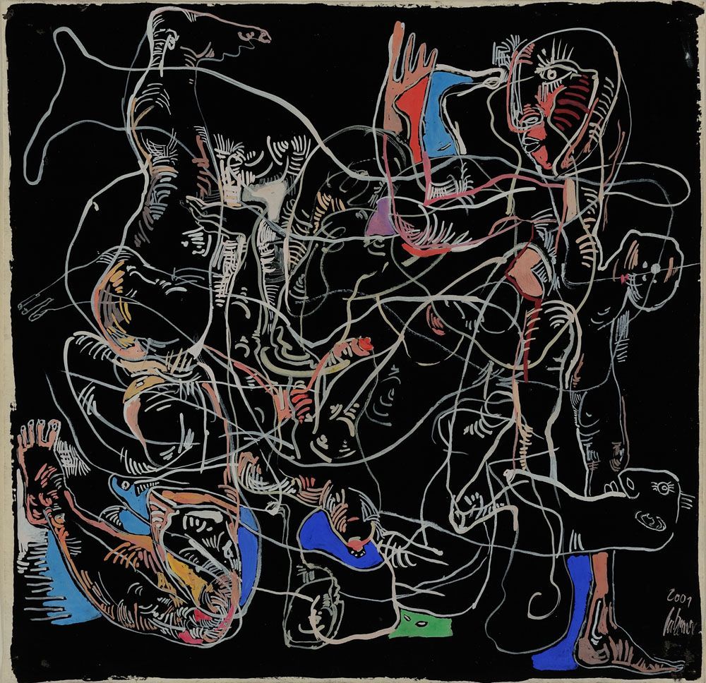Ausgehend von Skizzen macht Thomas Gatzemeier Arbeiten wie zum Beispiel die Pinselzeichnung auf Tuschgrund mit dem Titel Geflecht vor Schwarz aus dem Jahr 2001.