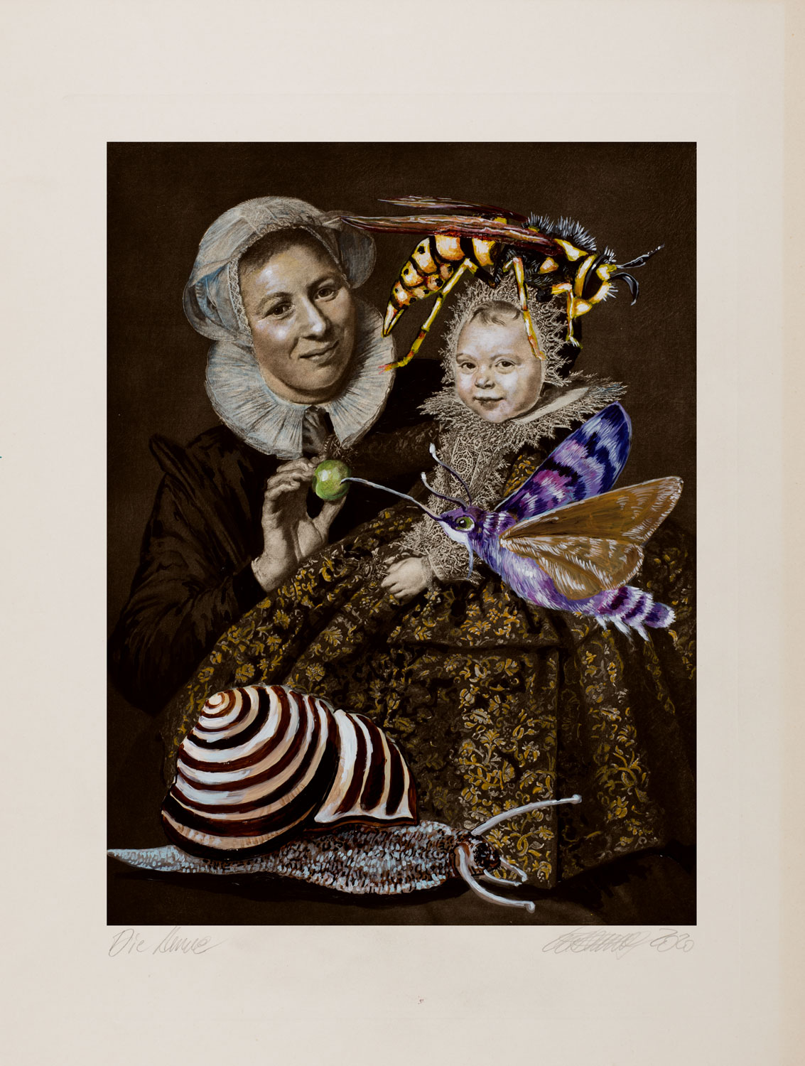 Thomas Gatzemeier Die Amme ist eine Malereicollage mit einer Amme und Kind auf dem Arm von Frans Hals. Schnecke, und Insekten sind in Acryl aufgemalt.
