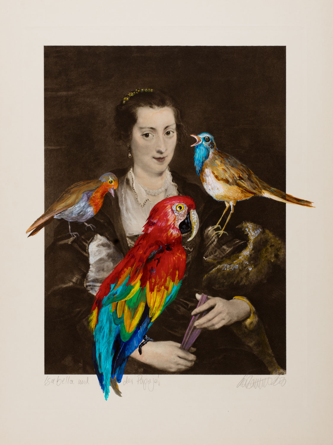 Thomas Gatzemeier Isabella und der Papagei ist eine Malereicollage auf einem Porträt von Rubens