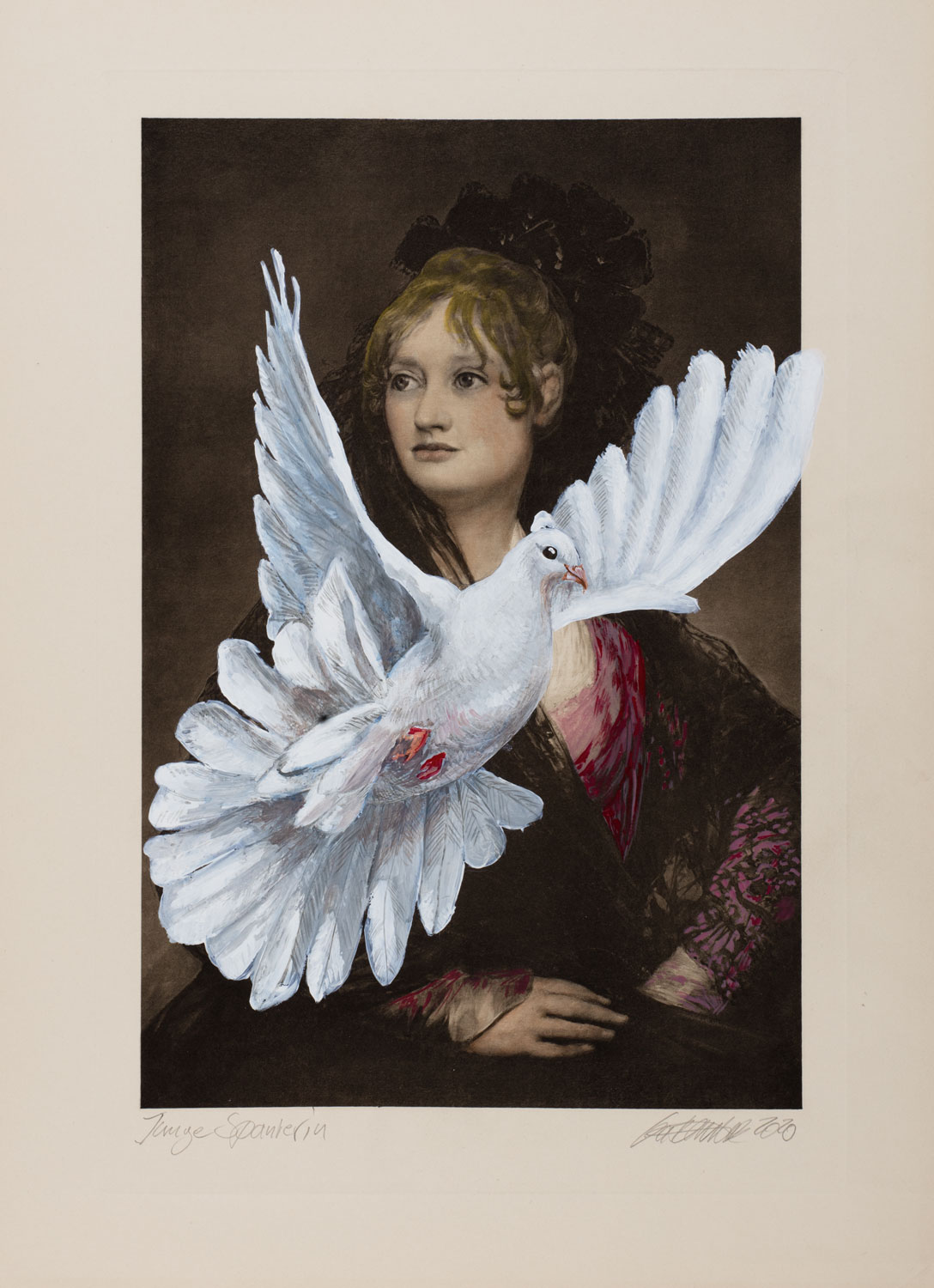 Gatzemeier Junge Spanierin ist eine Malereicollage mit einer jungen Frau und einer Taube.