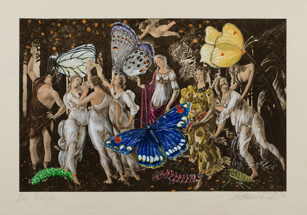 Die surreale Malereicollage von Thomas Gatzemeier Der Frühling Zeigt einen Frühlingstanz mit überdimensionalen Schmetterlingen.