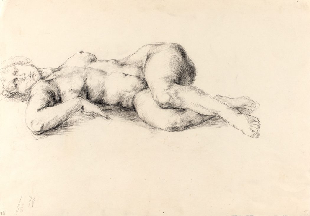Thomas Gatzemeier Aktstudie 1978 stammt aus seiner Studienzeit in Leipzig und zeigt eine mit Bleistift gezeichnete nackte Frau.