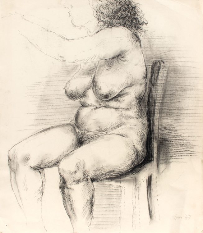 Thomas Gatzemeier Aktstudie aus dem Jahr 1979 während des Studiums der Malerei entstanden. Zeichnung mit schwarzer Kreide auf Papier